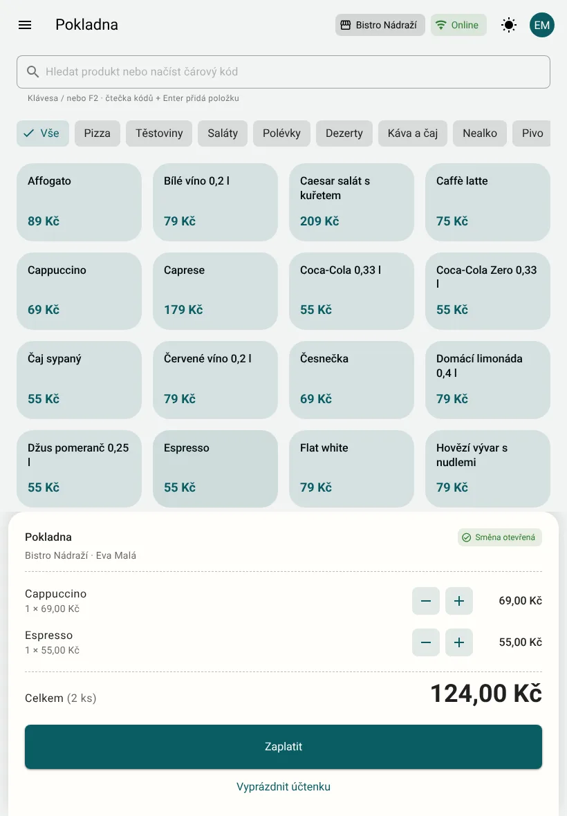 Pokladna na tabletu: kategorie a produkty nahoře, účtenka s kávou za 124 Kč dole.